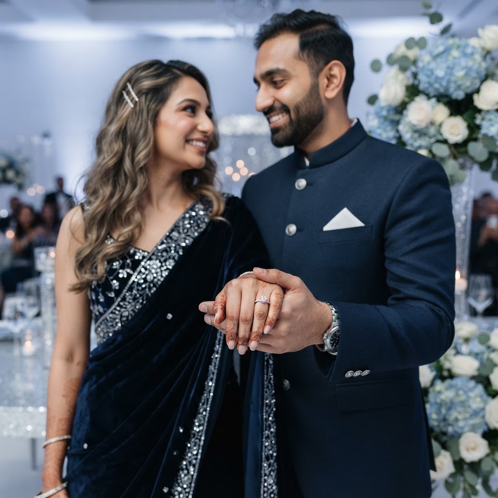 Elegant Couple Showing Off Engagement Ring