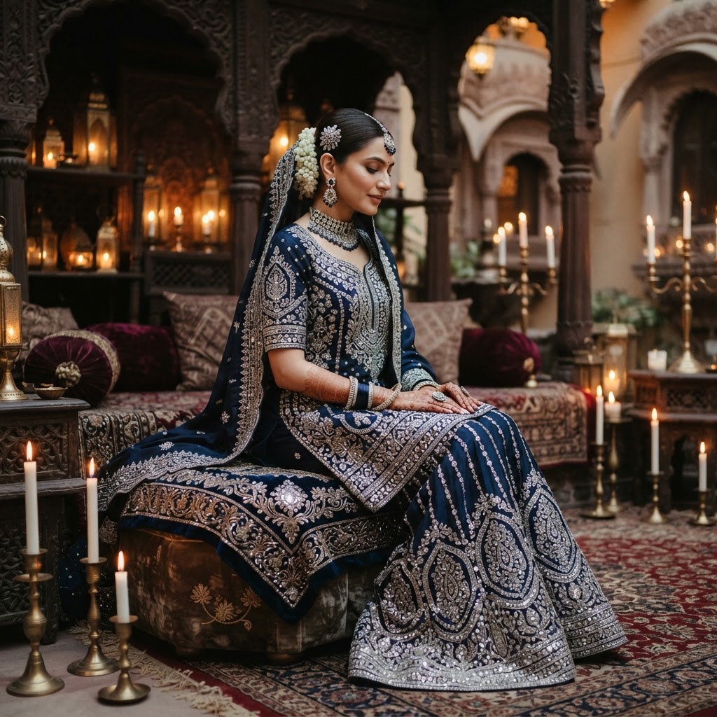 Navy Blue Embroidered Roka Sharara Set