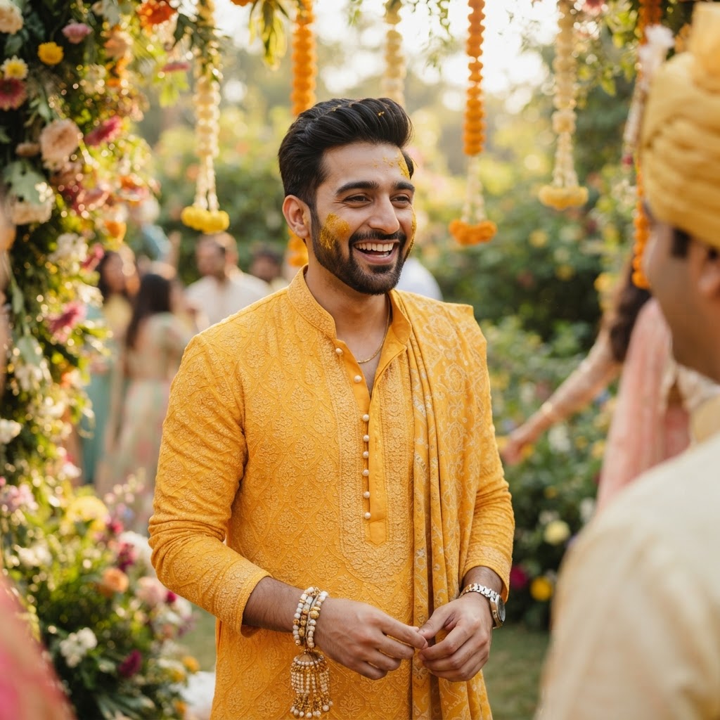 Yellow Embroidered Groom Haldi Kurta