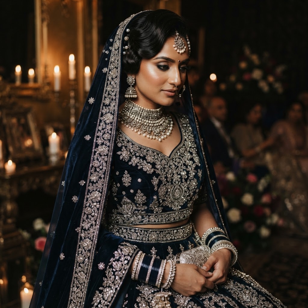 Midnight Blue Velvet Bridal Lehenga