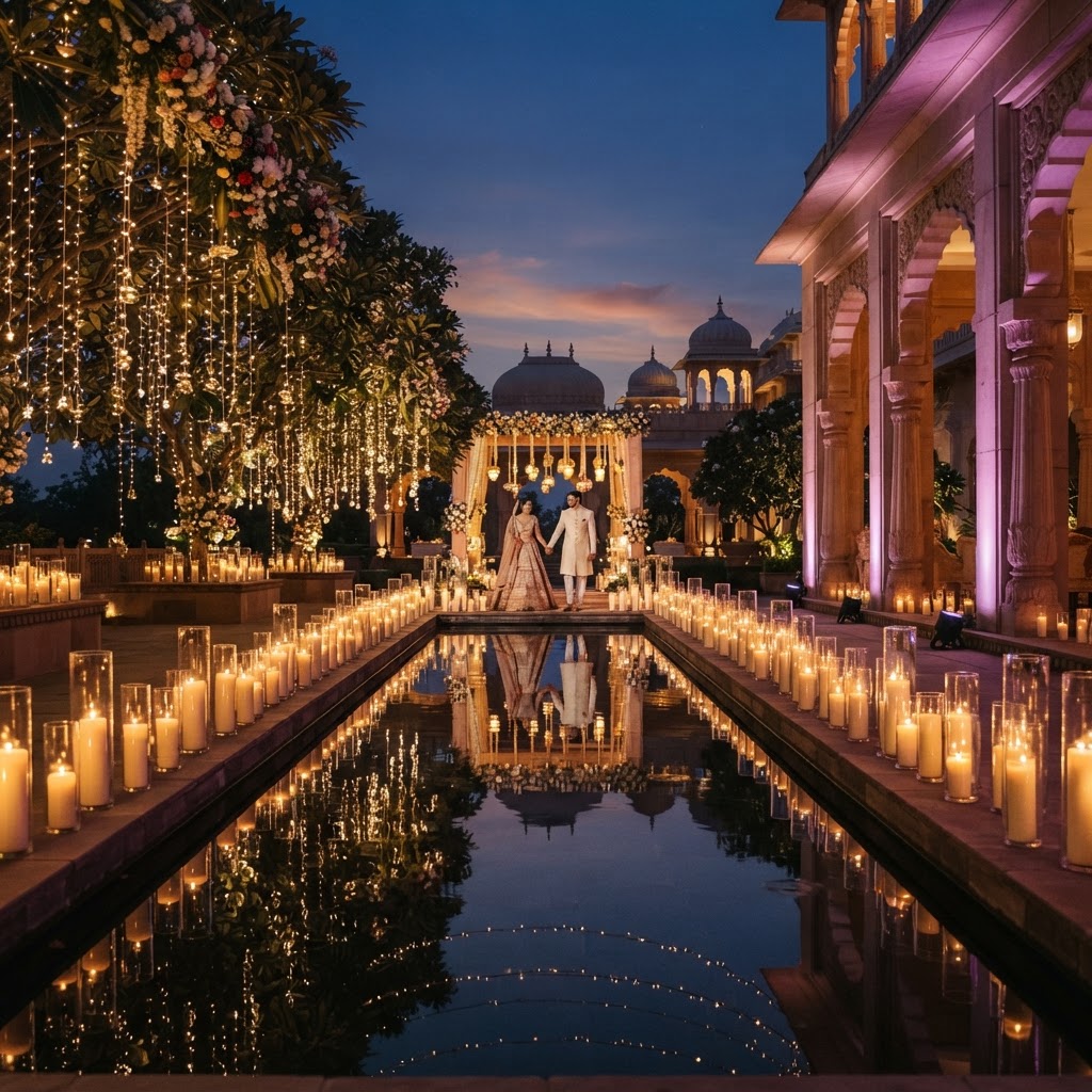 Romantic Palace Wedding Poolside Lighting