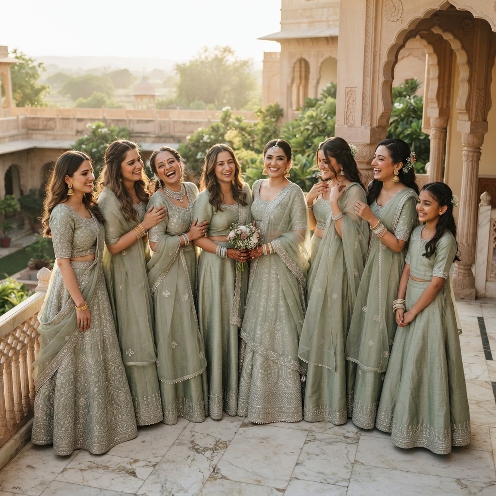 Sage Green Embroidered Bridesmaid Lehengas