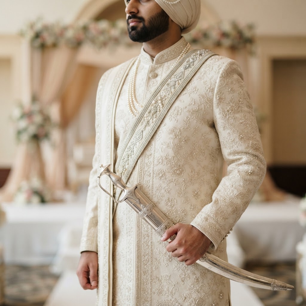 Elegant Off White Groom Sherwani With Kirpan
