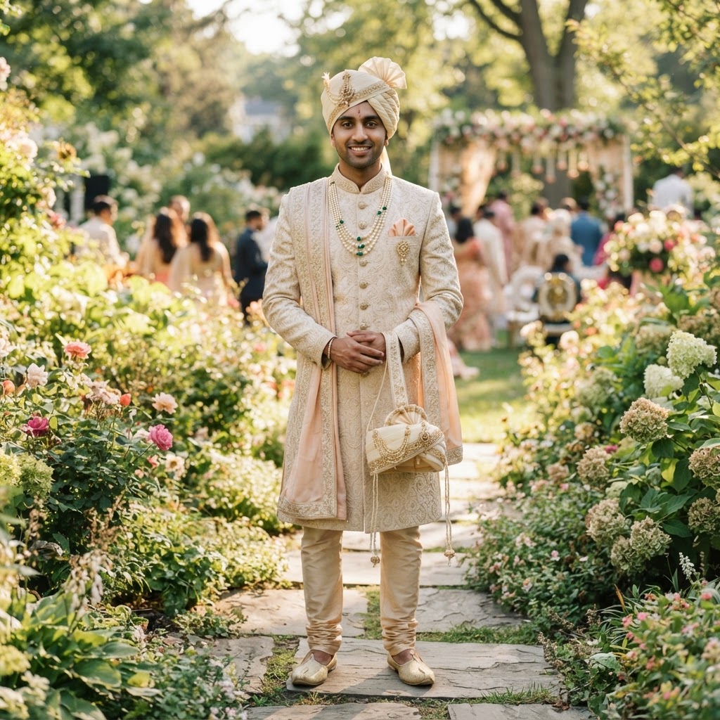 Cream Embroidered Groom Sherwani