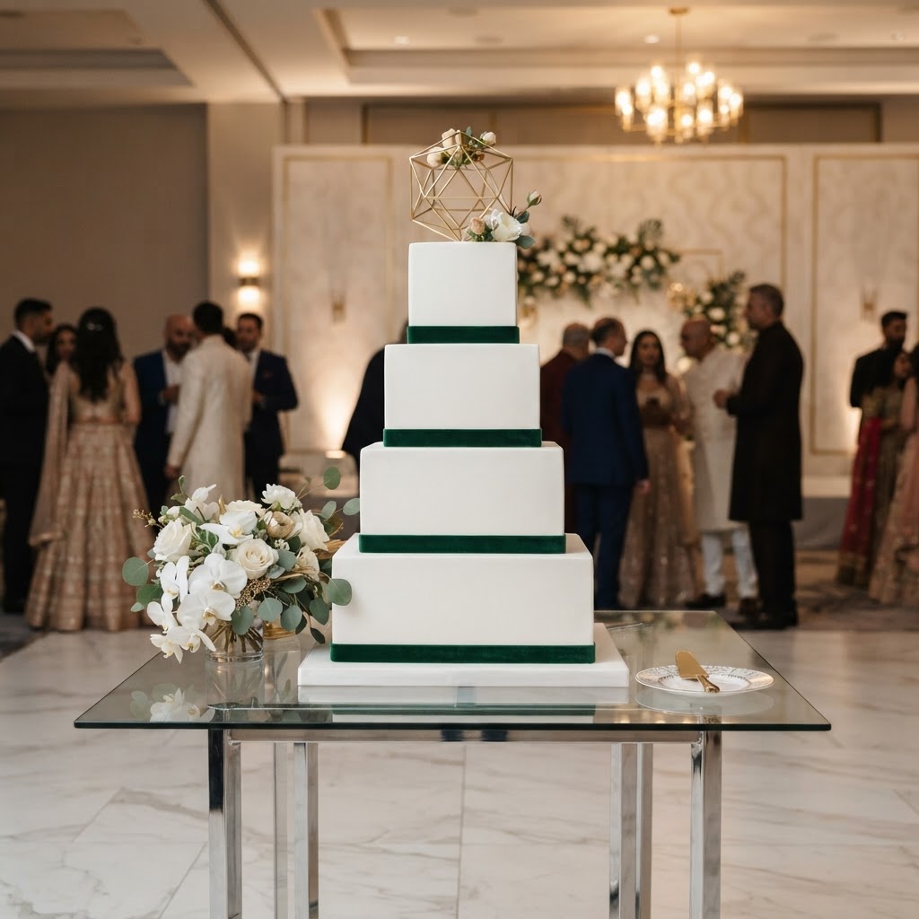 Four Tier Geometric White Wedding Cake