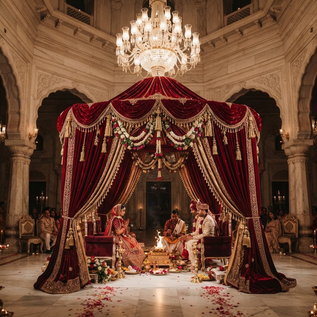 Opulent Red Velvet Royal Mandap