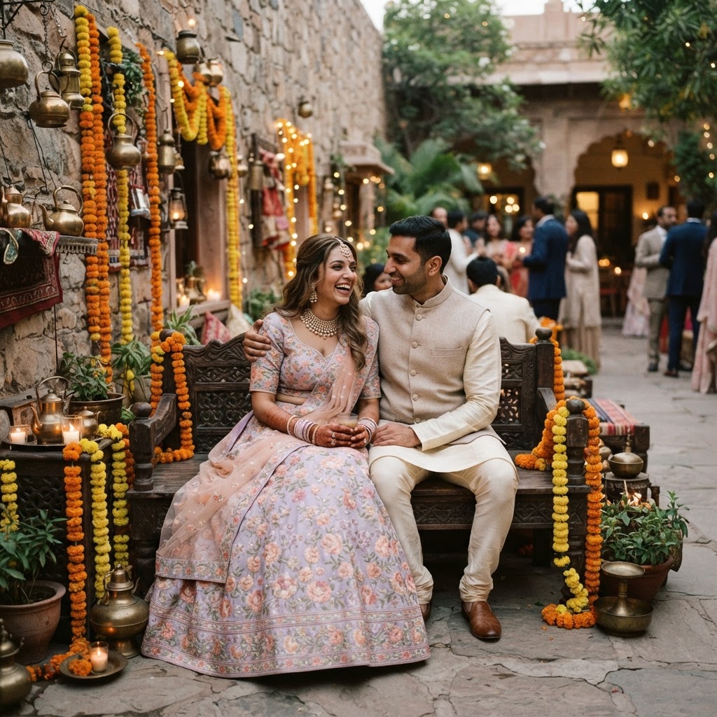 Floral Lavender Lehenga Couple Portrait