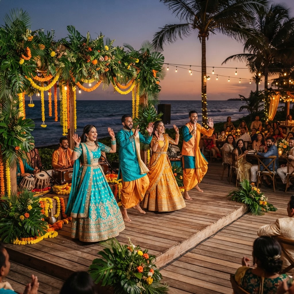 Vibrant Beachside Sangeet Dance Performance