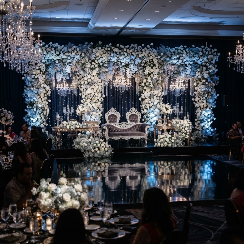 Luxury White Floral Reception Stage Decor