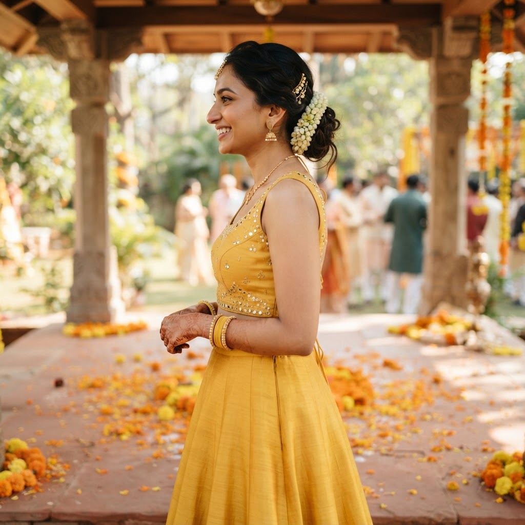 Yellow Mirror Work Haldi Lehenga Set