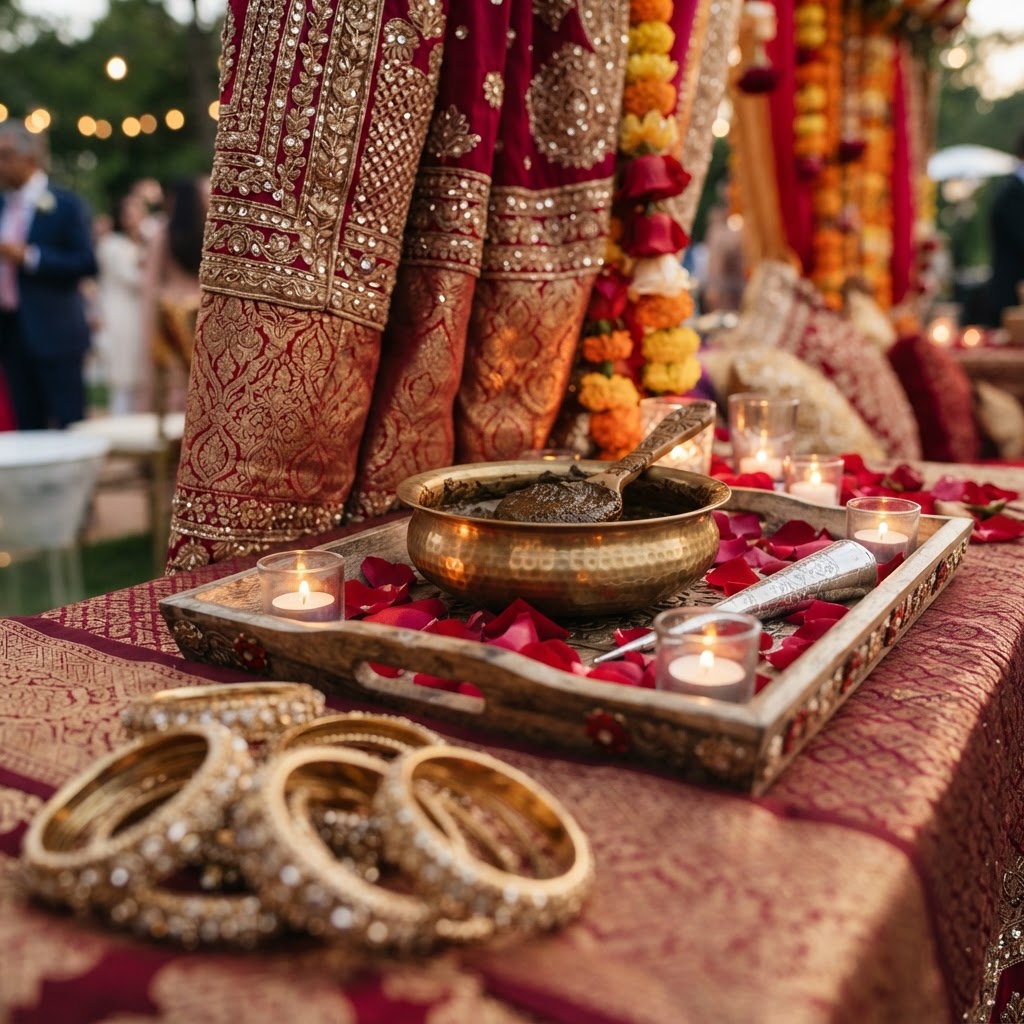 Traditional Red Velvet Mehndi Setup