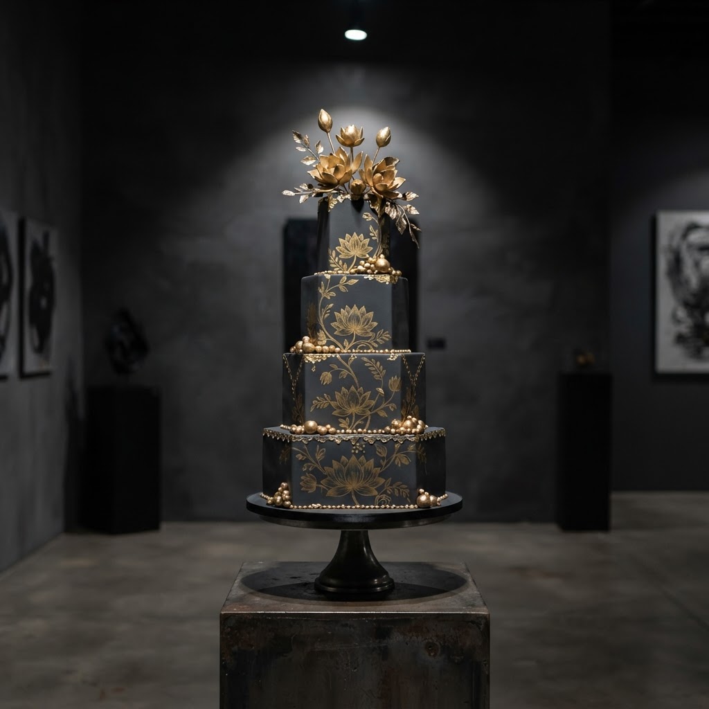 Elegant Black And Gold Lotus Wedding Cake