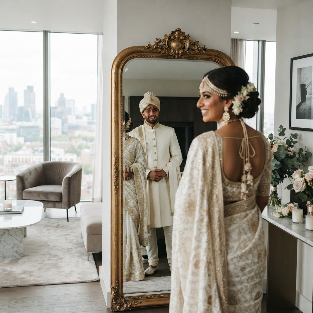 Elegant Cream Wedding Couple First Look