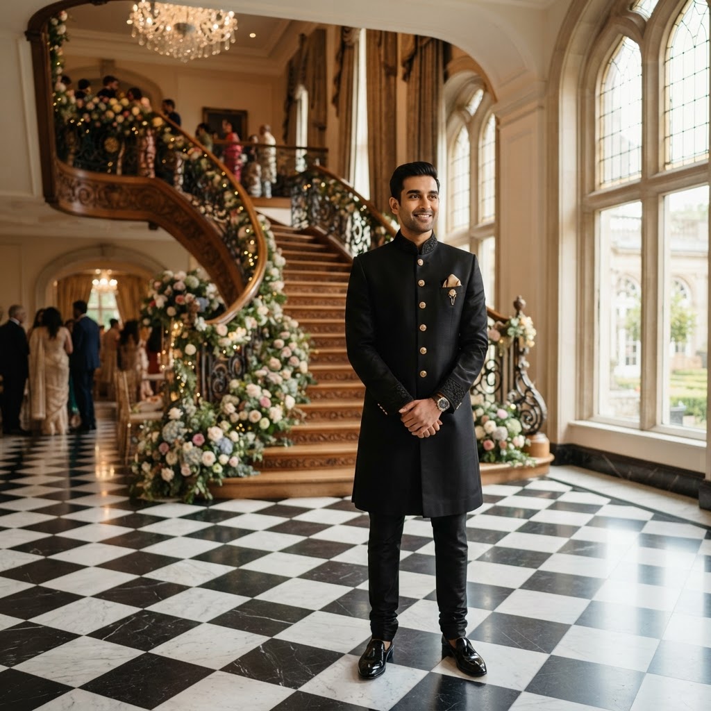 Classic Black Achkan Groom Reception Outfit