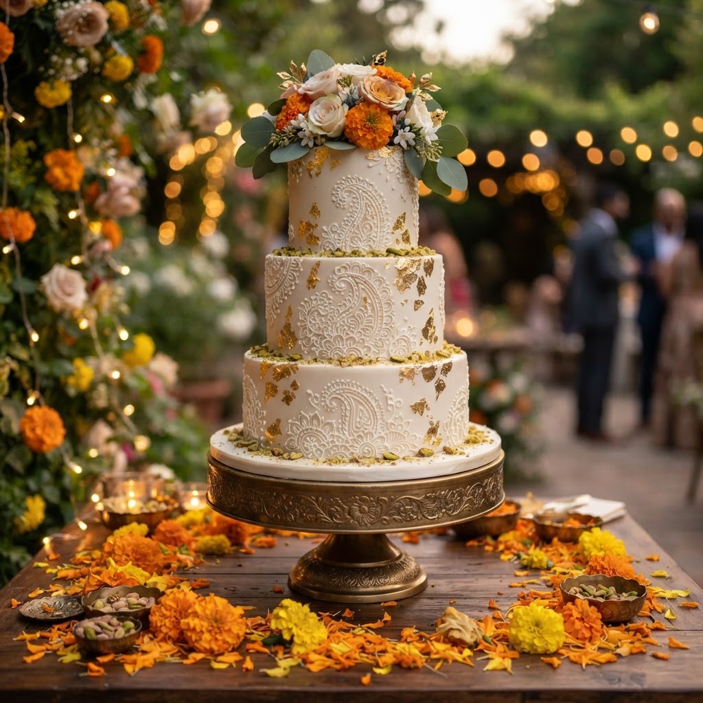 Three Tier Paisley And Gold Leaf Wedding Cake