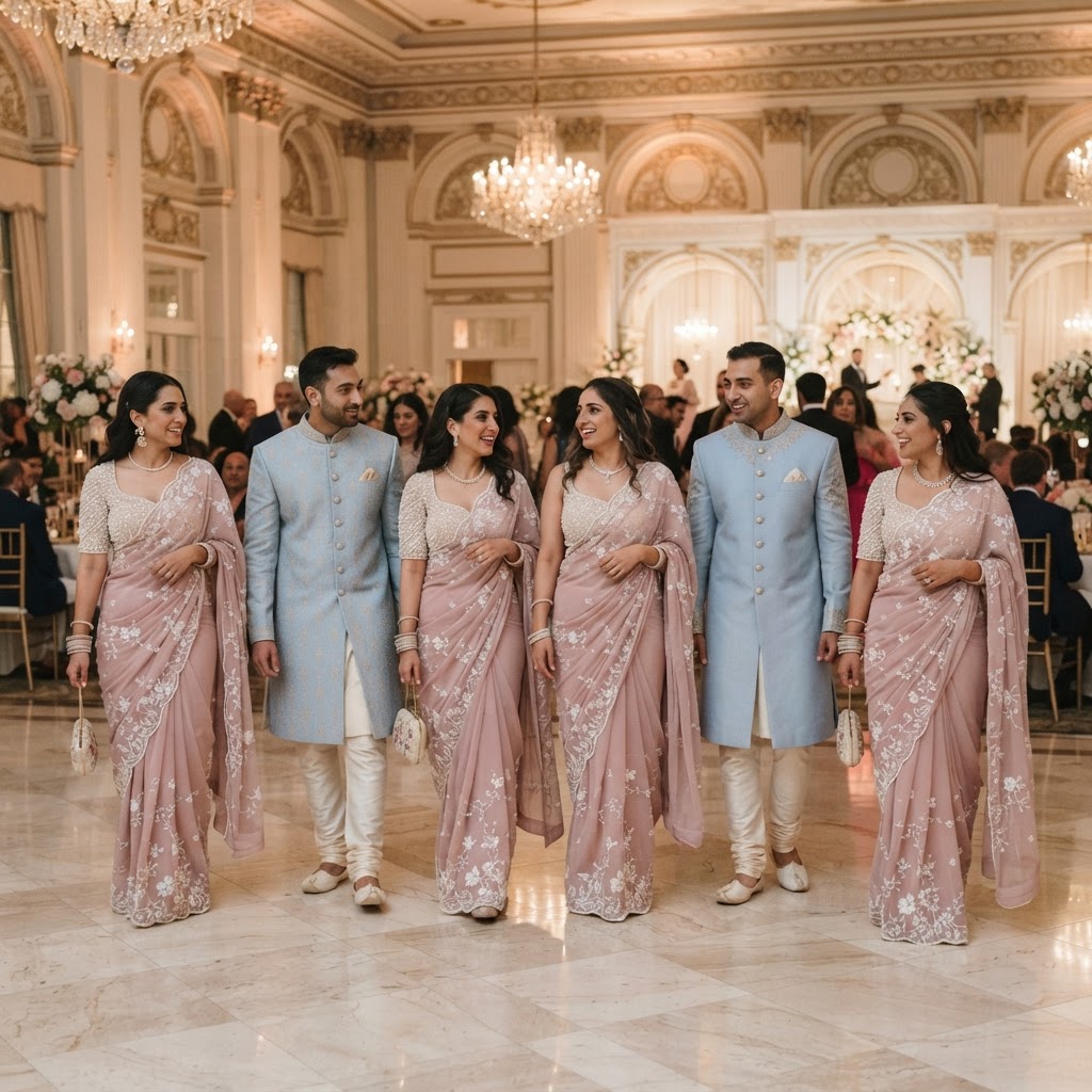 Elegant Dusty Rose Saree And Sherwani Attire