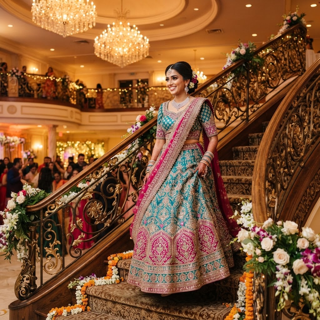 Teal And Pink Traditional Bridal Lehenga