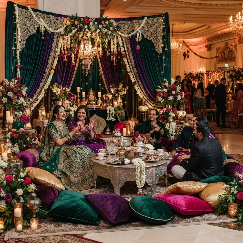Luxurious Emerald And Purple Mehndi Setup