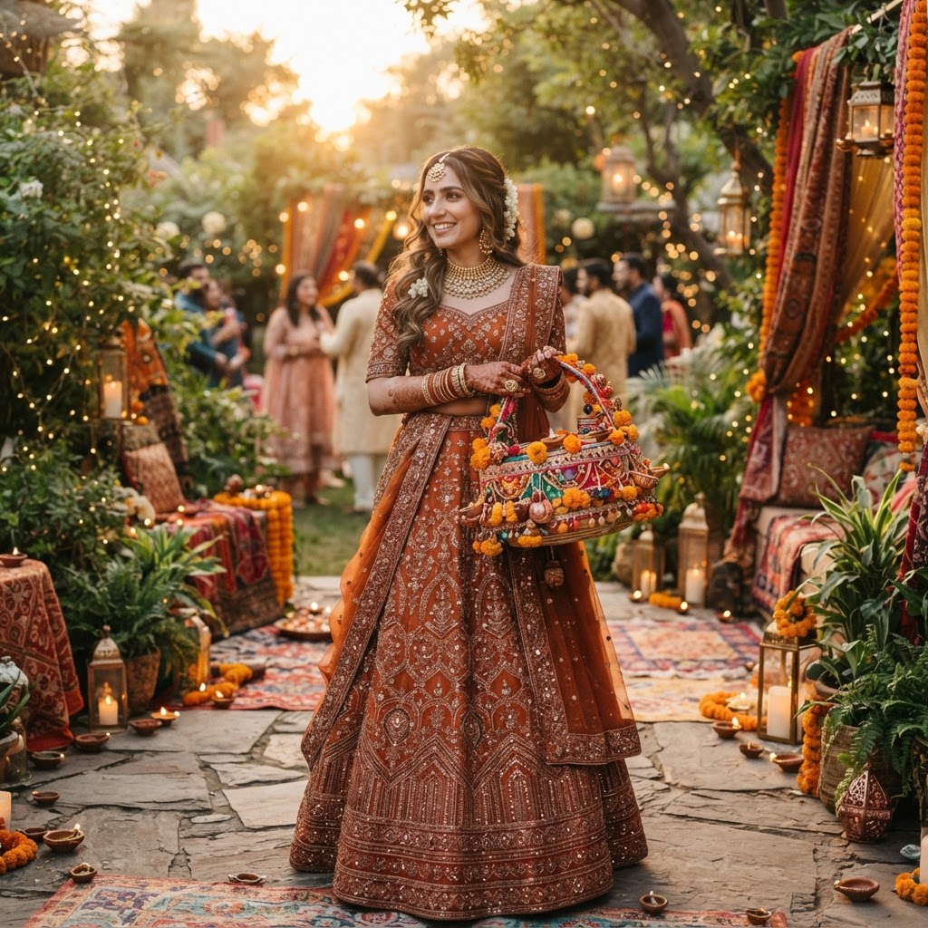 Rust Embroidered Jaggo Ceremony Lehenga
