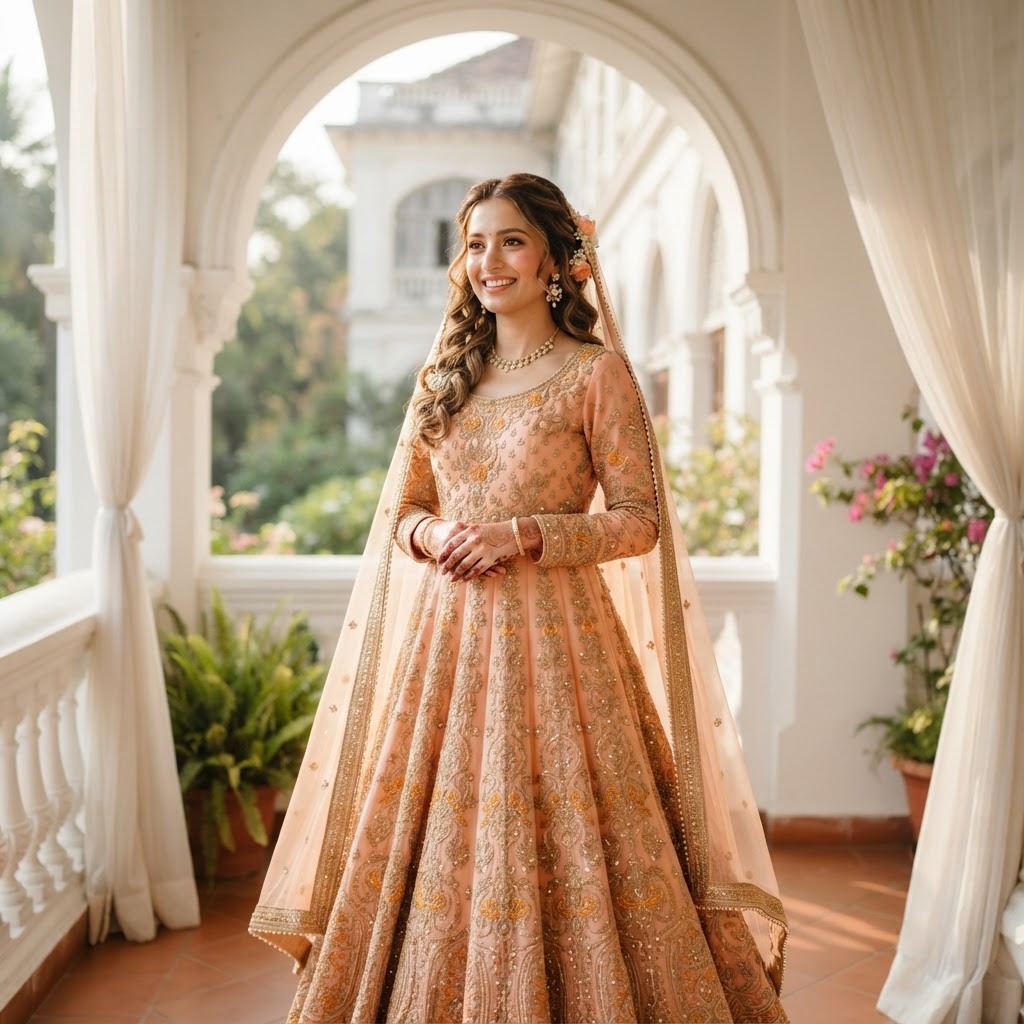 Peach Embroidered A-Line Roka Outfit