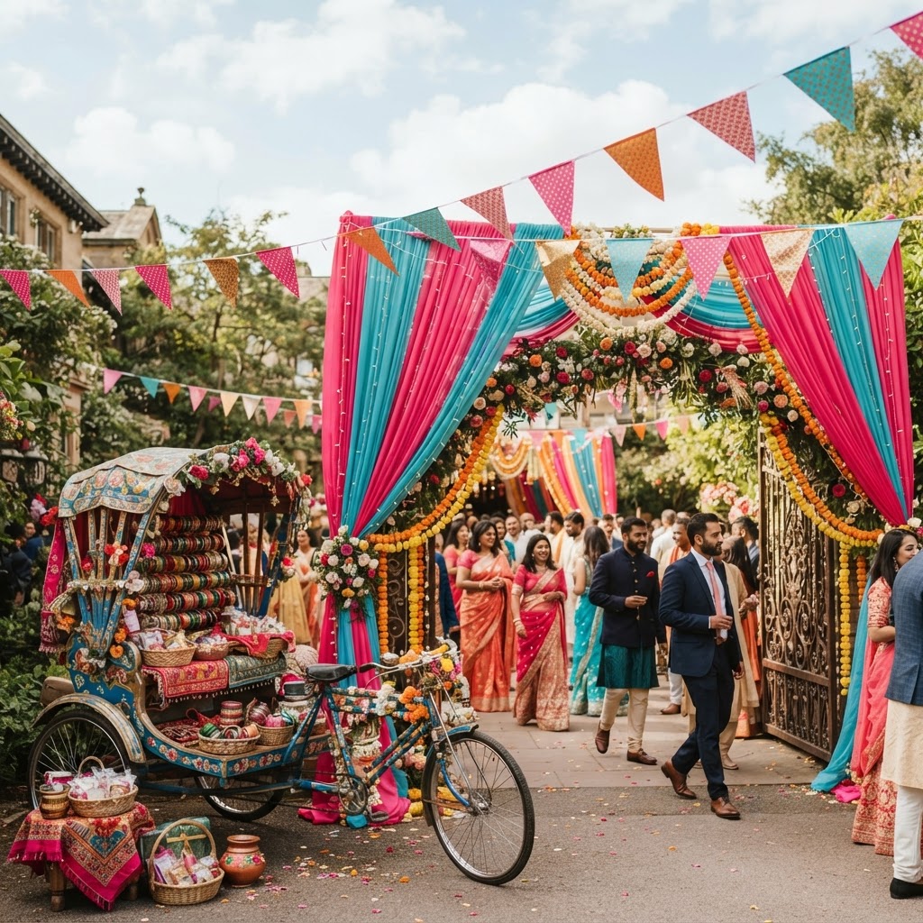 Vibrant Floral Entrance With Bangle Cart