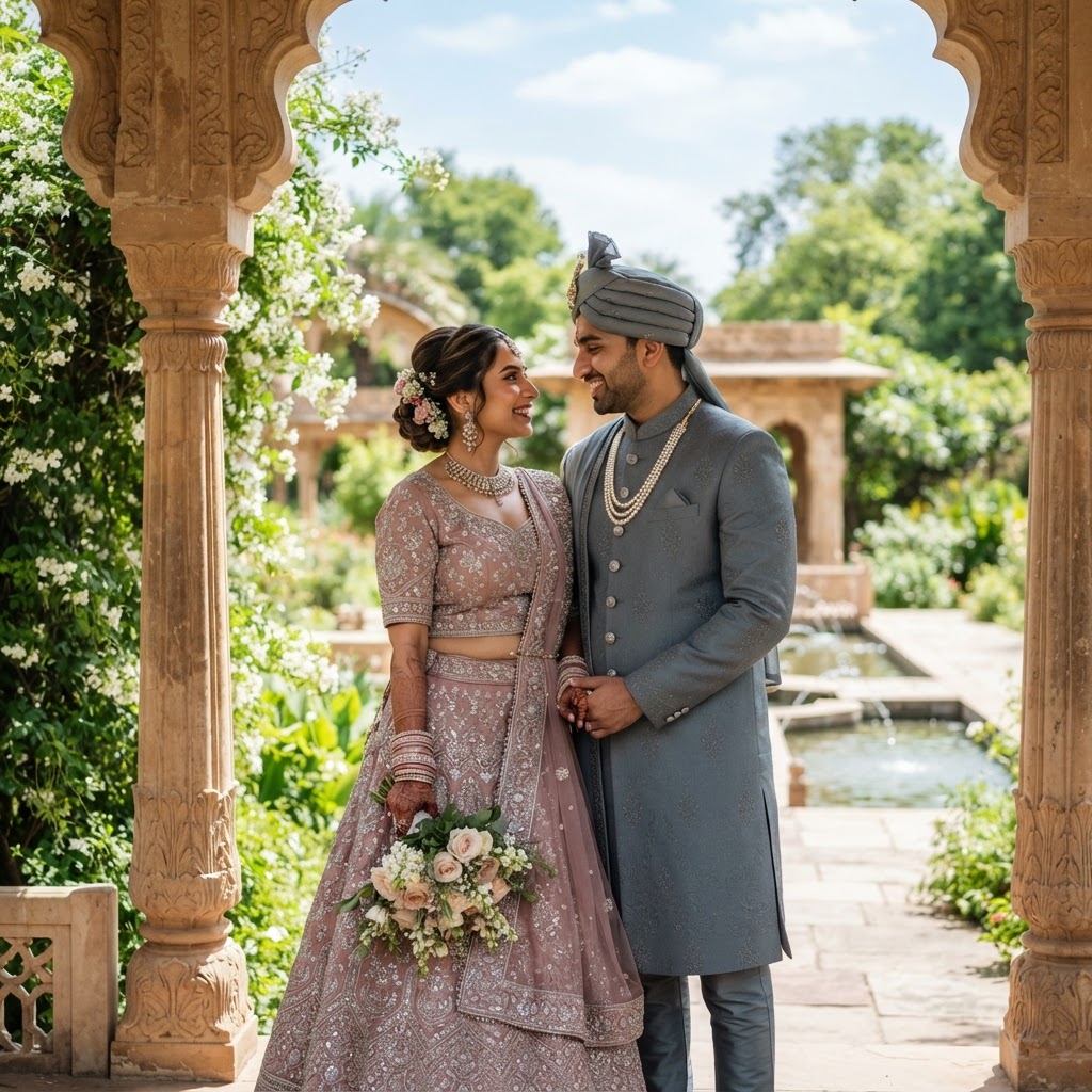 Mauve And Grey Traditional Couple Portrait
