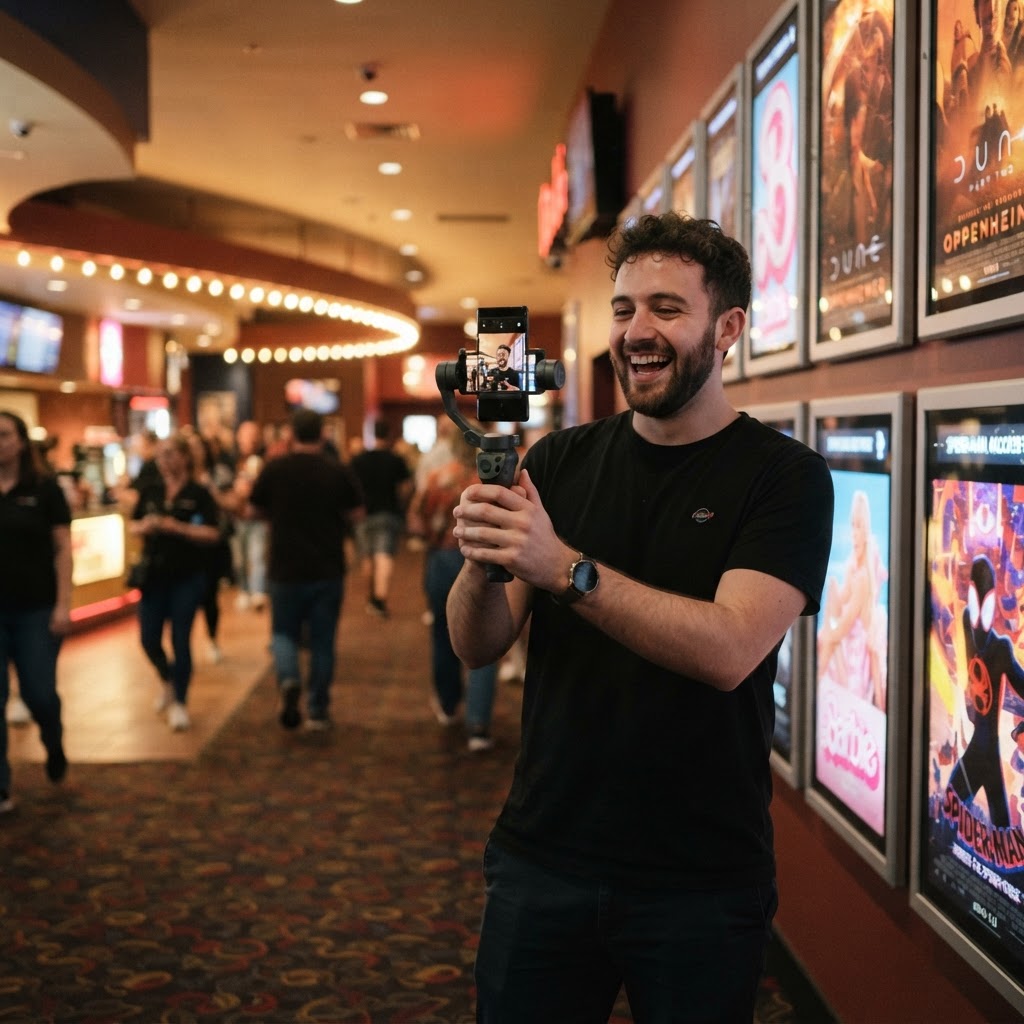 Creator com gimbal filmando no cinema