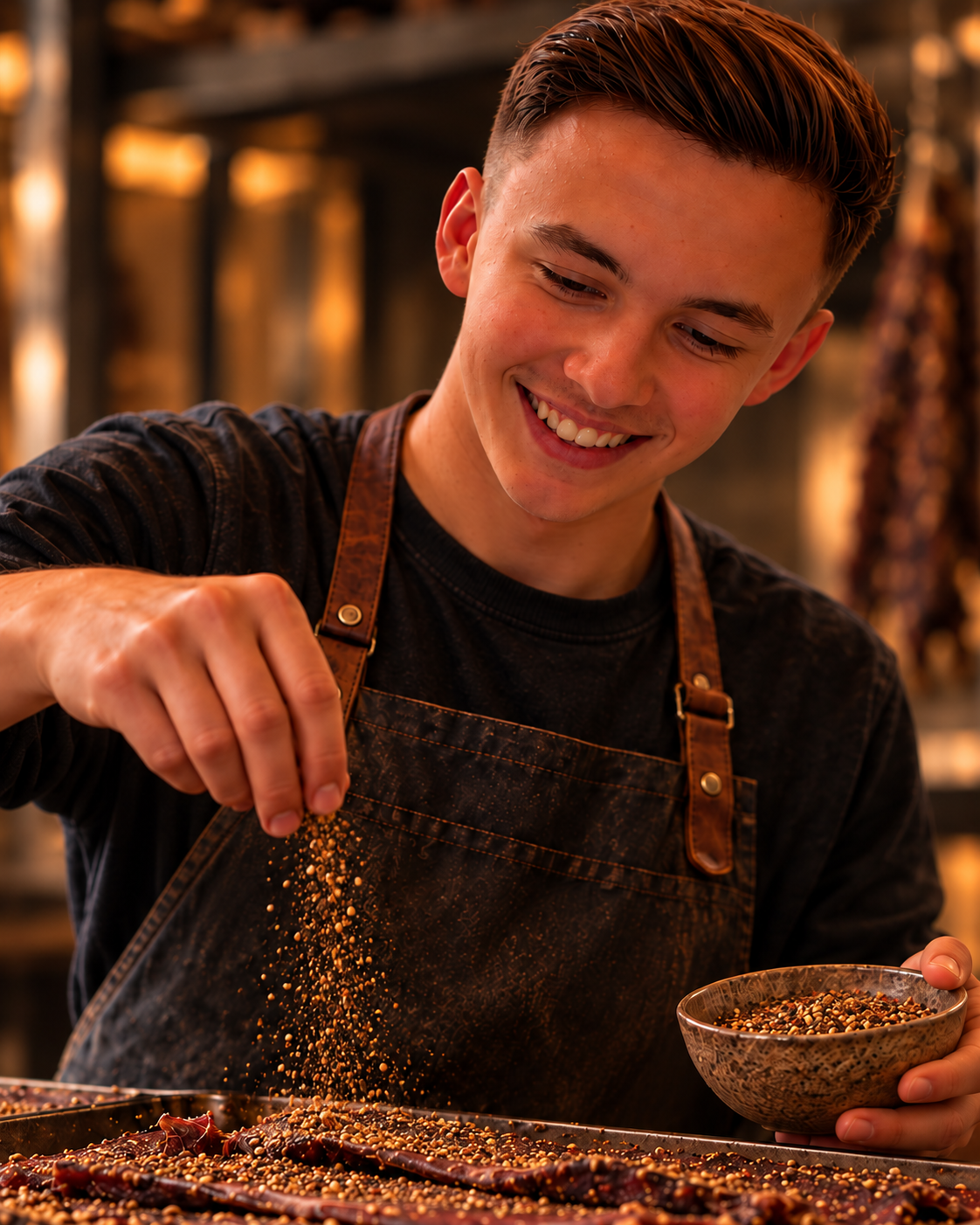Hugo hand-seasoning biltong with cracked spices
