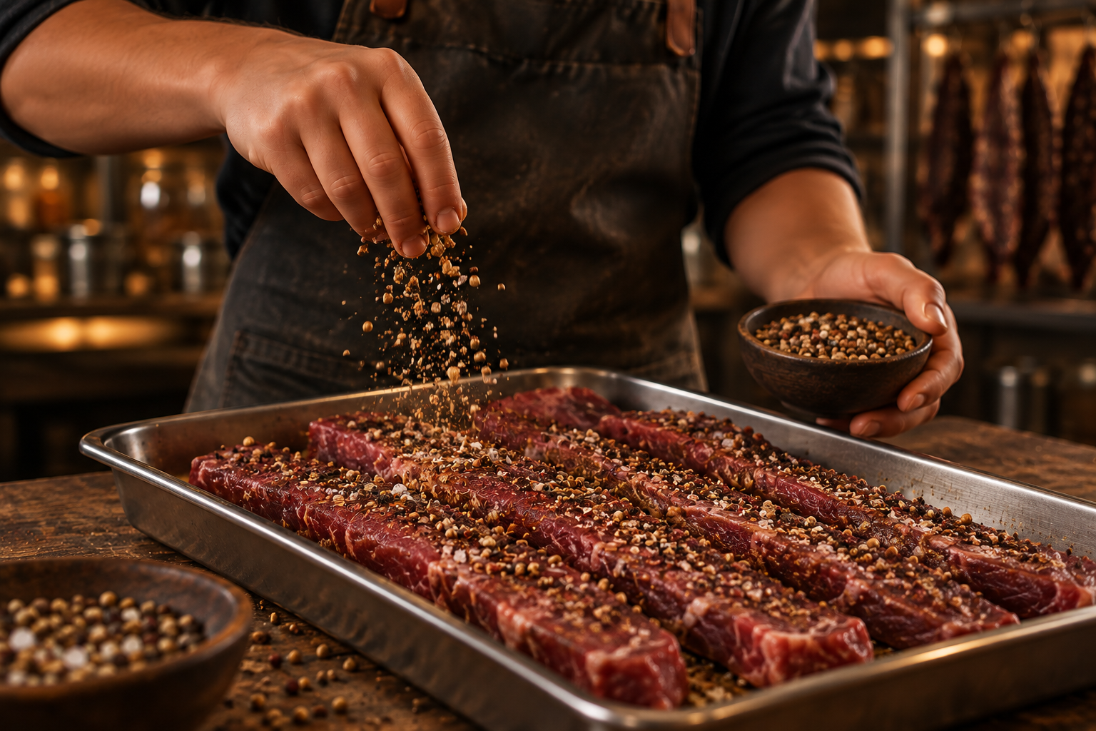 Hand-seasoning biltong strips with cracked spices