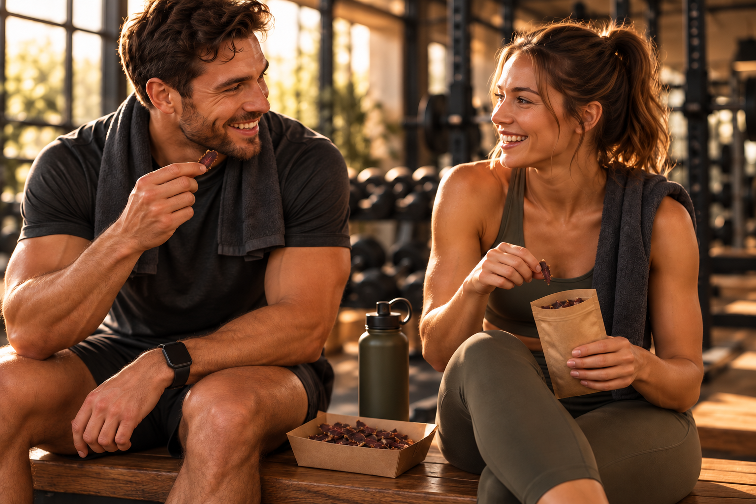 Sharing bite-sized biltong at the gym