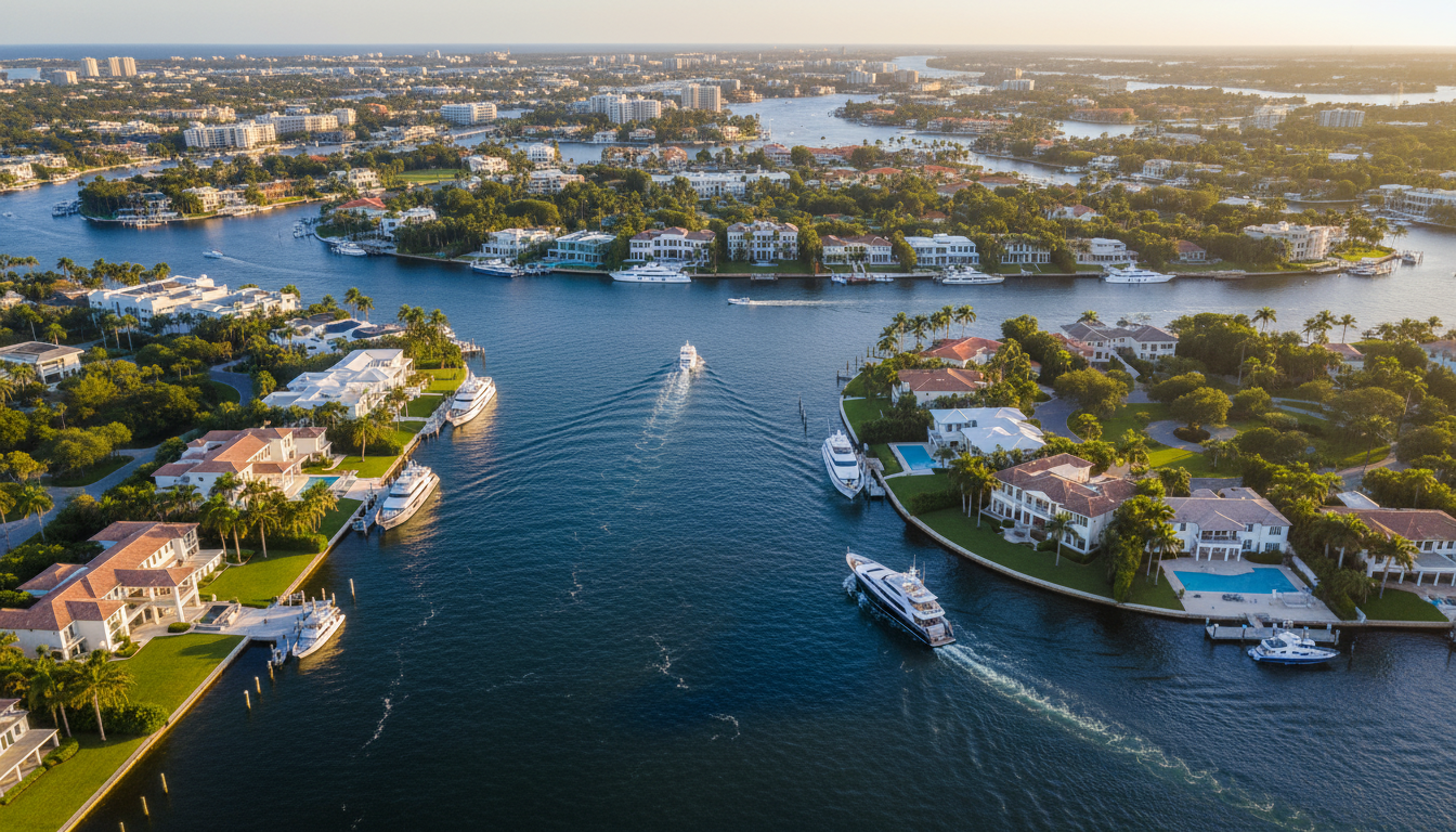 Aerial view of Fort Lauderdale waterways and luxury yachts