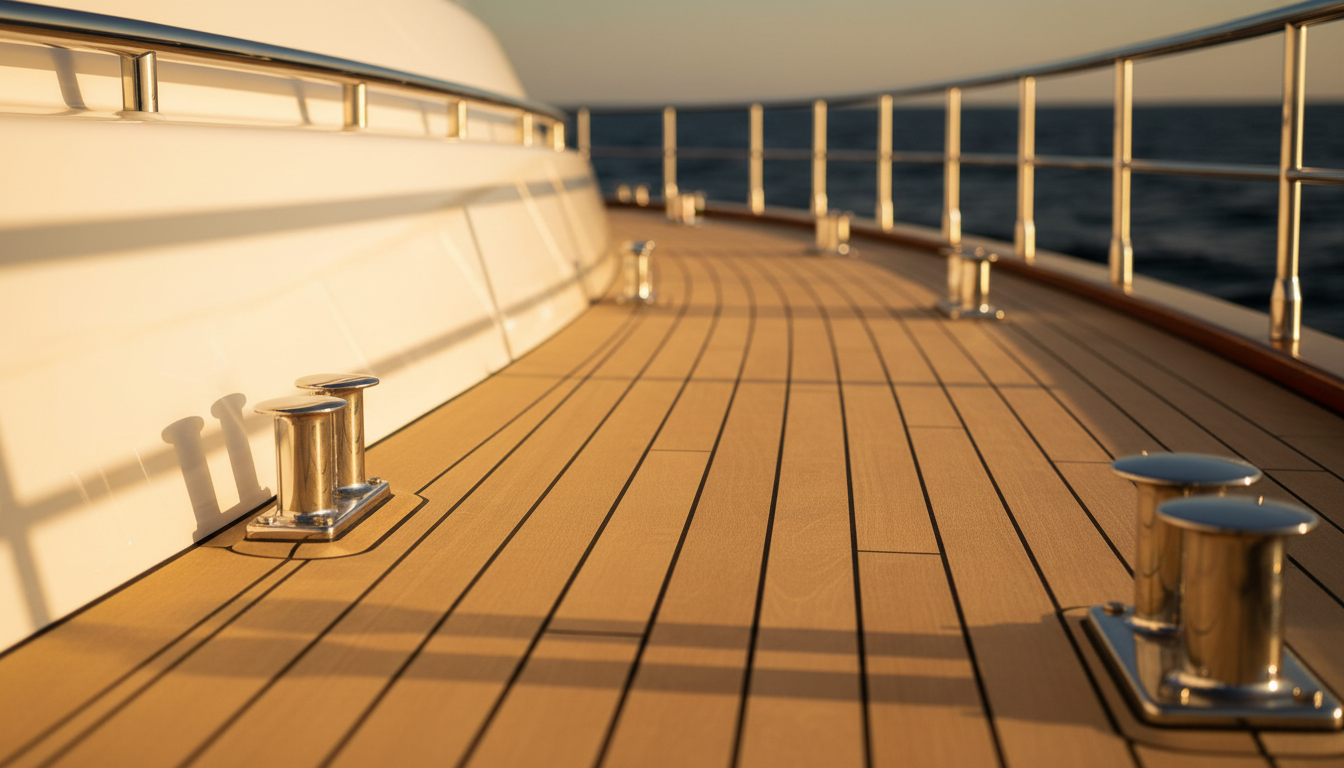 Polished teak deck detail on a luxury superyacht