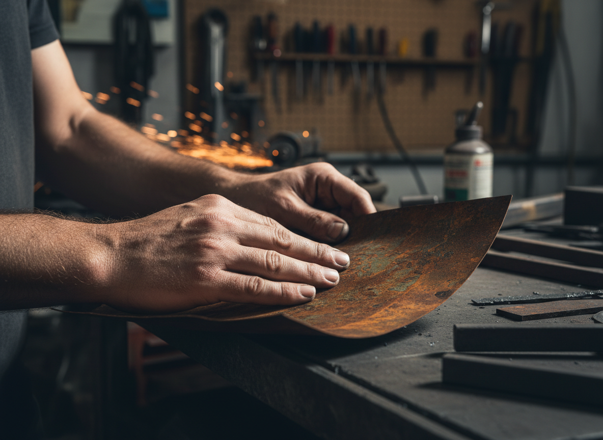 Artist hands working with reclaimed metal