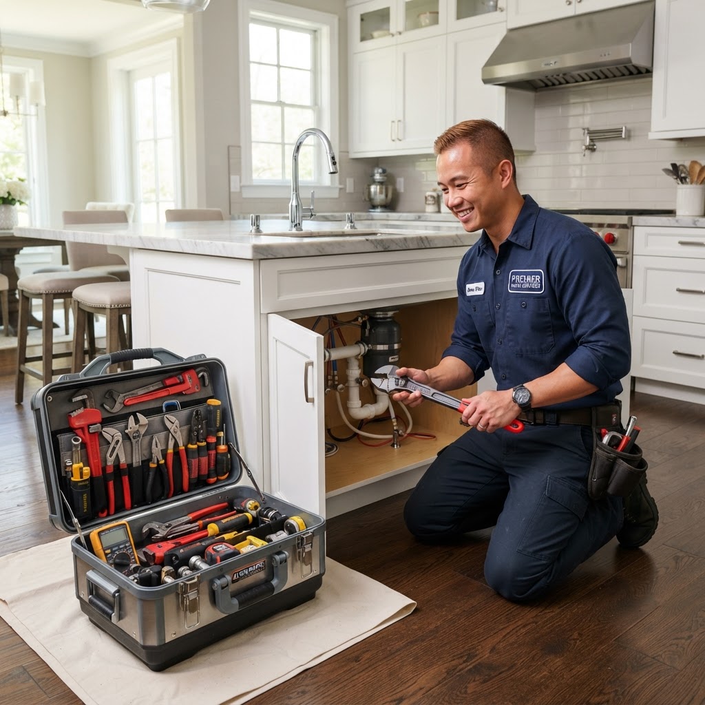 Técnico con caja de herramientas de plomería y electricidad en casa residencial
