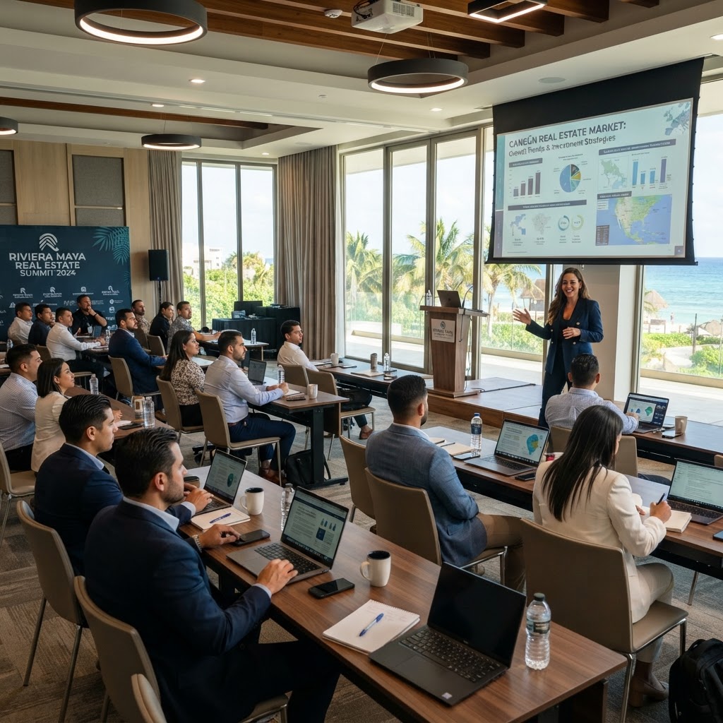 Salón de capacitación inmobiliaria con instructores y asesores en ambiente corporativo