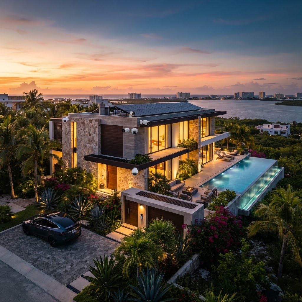 Casa moderna inteligente con tecnología integrada al atardecer