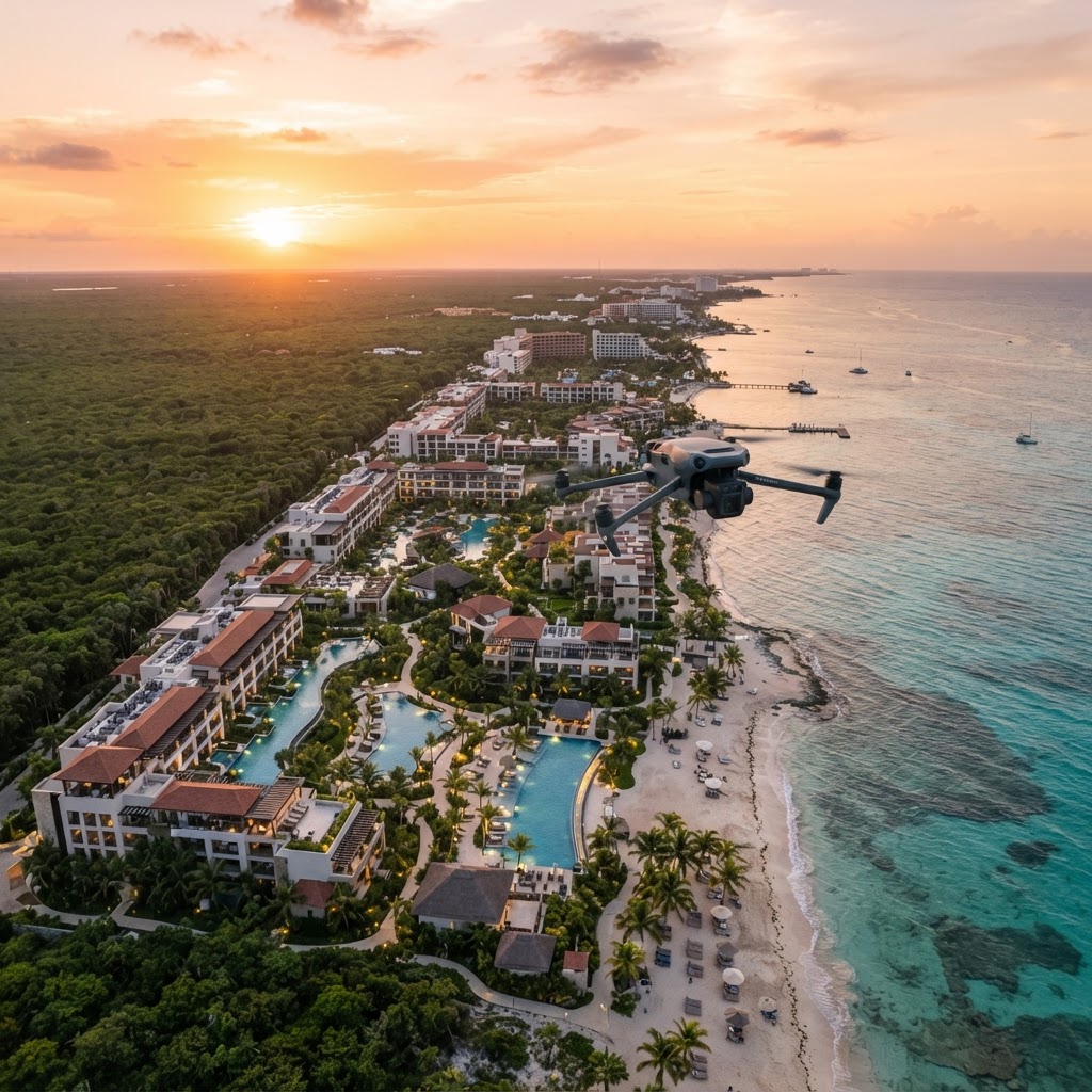 Dron volando sobre un desarrollo costero al atardecer