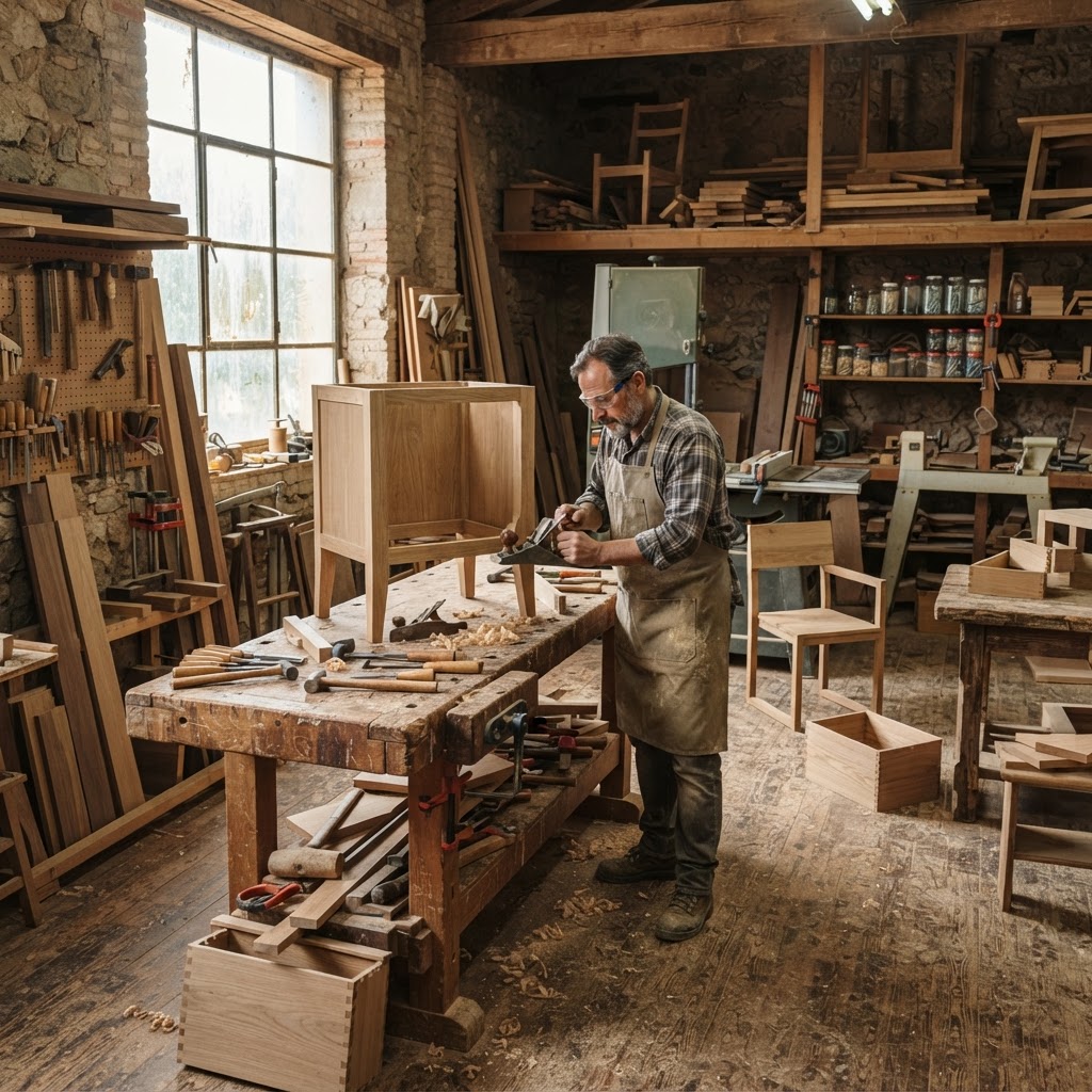 Taller de carpintería artesanal con muebles a medio construir