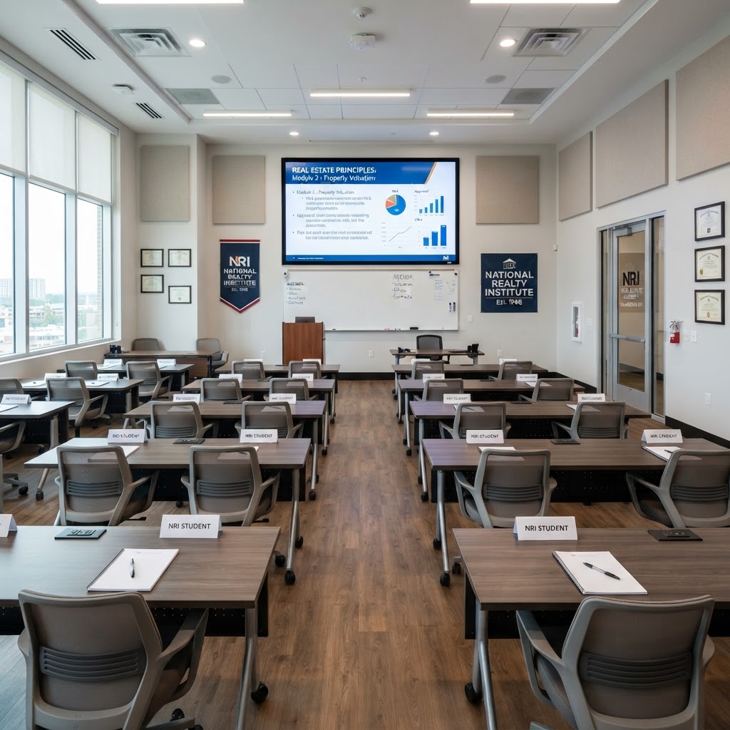 Aula de academia inmobiliaria con mesas y pantalla de presentación