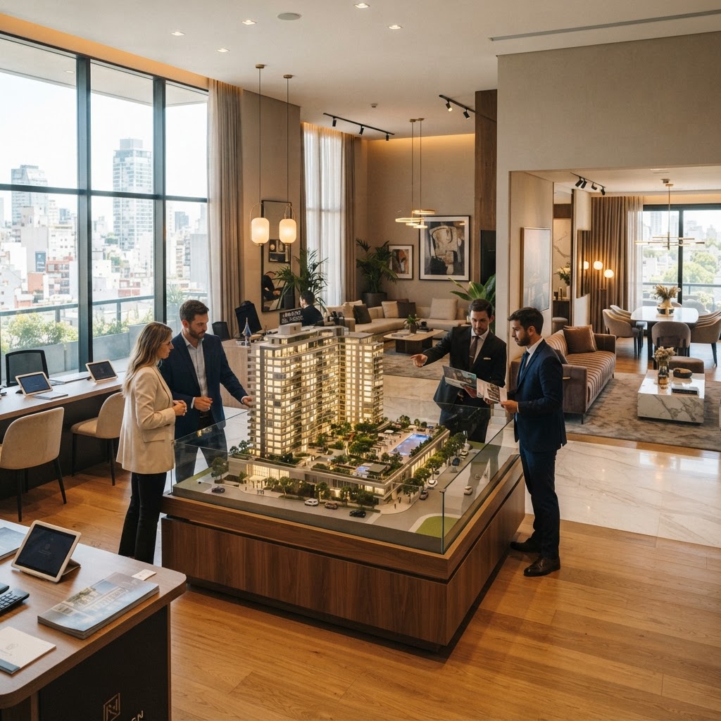 Showroom de ventas inmobiliarias con maqueta de desarrollo