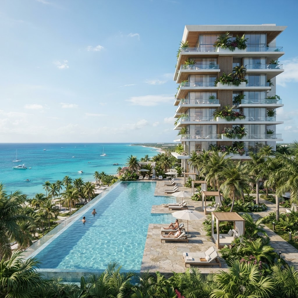 Render fotorrealista de torre de departamentos con vista al mar Caribe