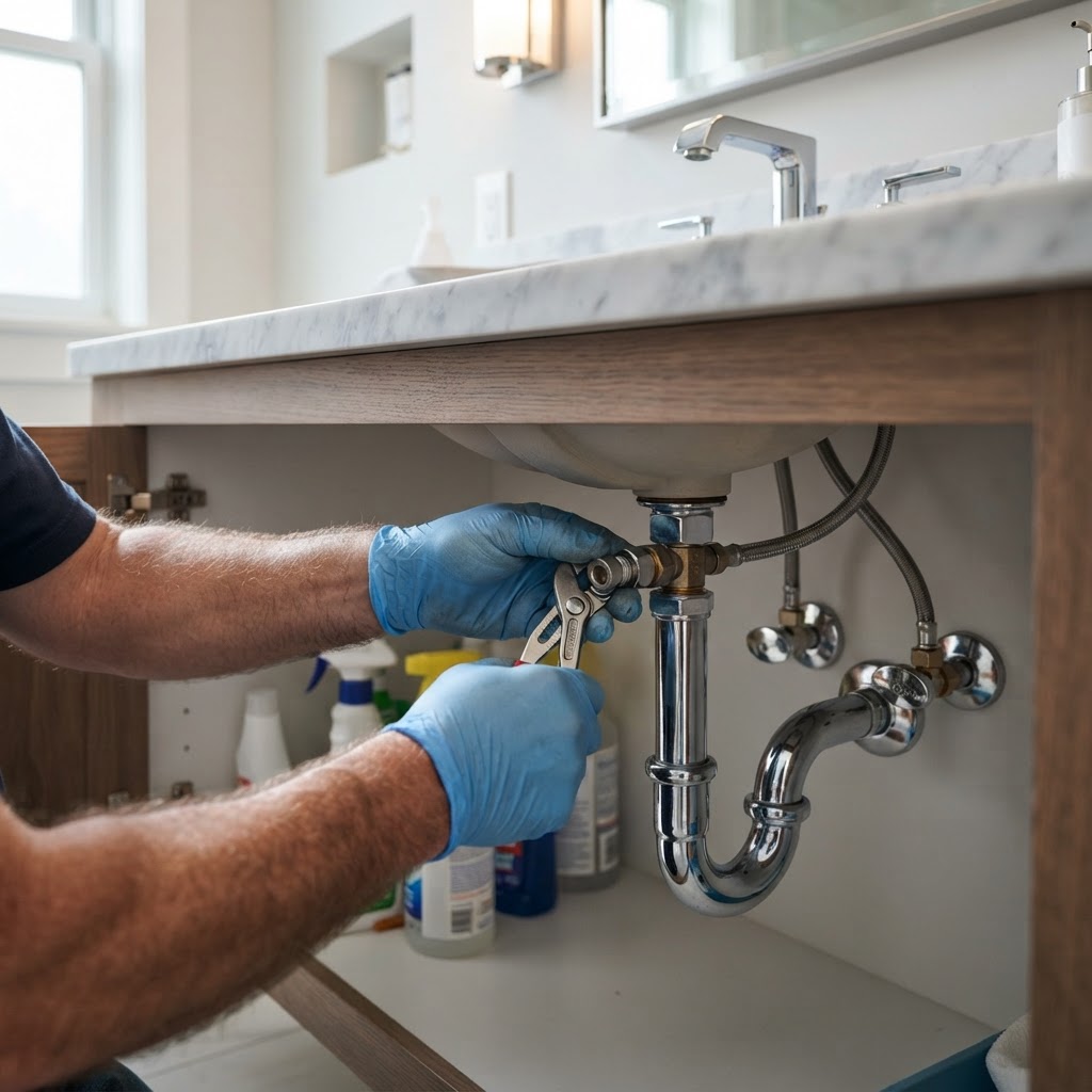 Plomero profesional trabajando en tuberías de baño residencial