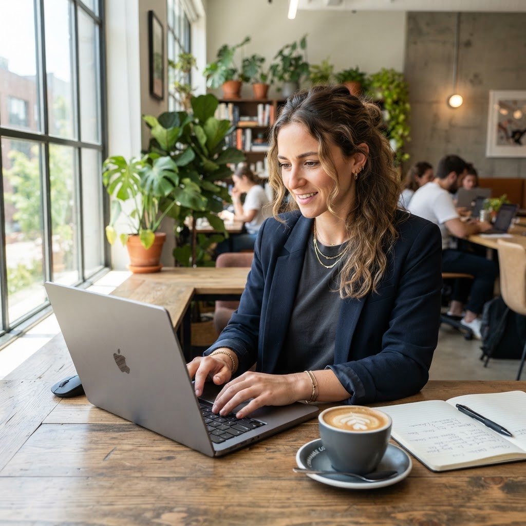 Persona en playera con blazer escribiendo en laptop en un coworking luminoso