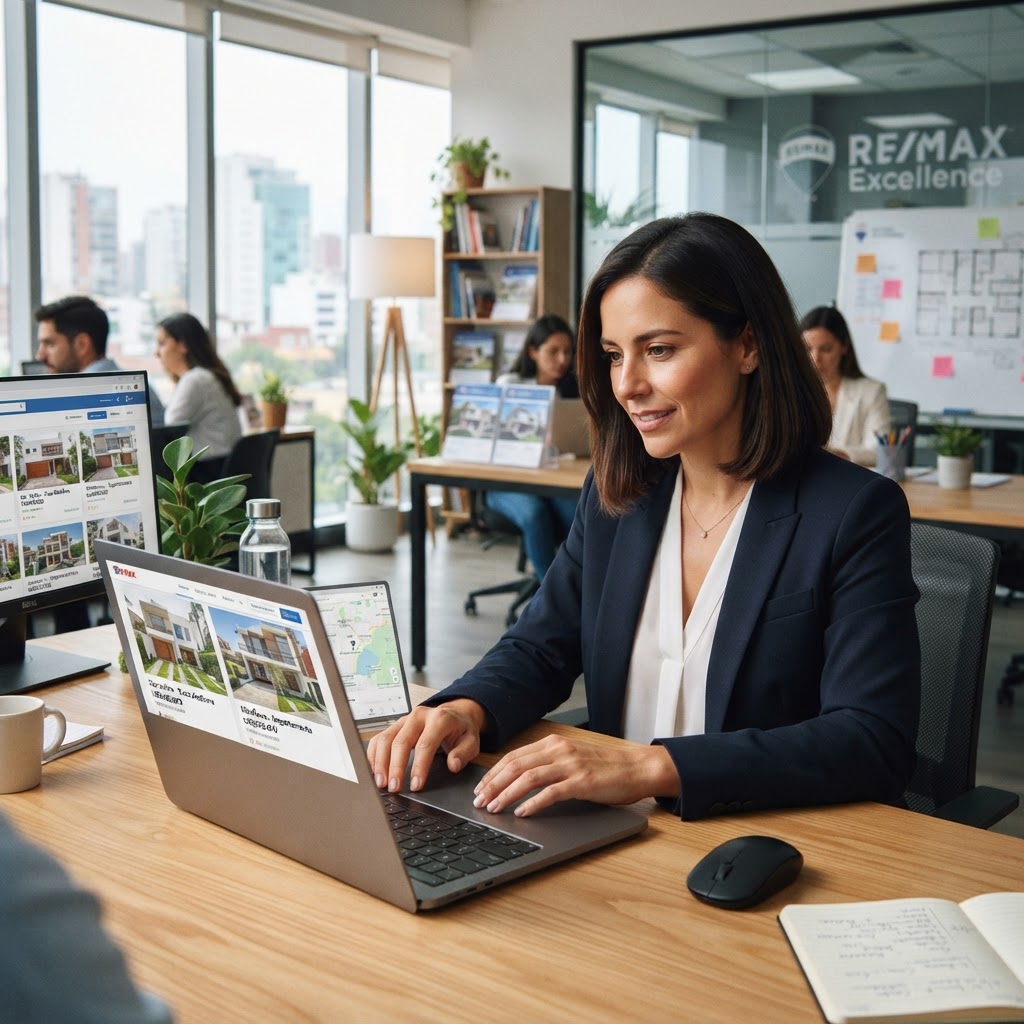 Asesora inmobiliaria trabajando con listados de propiedades