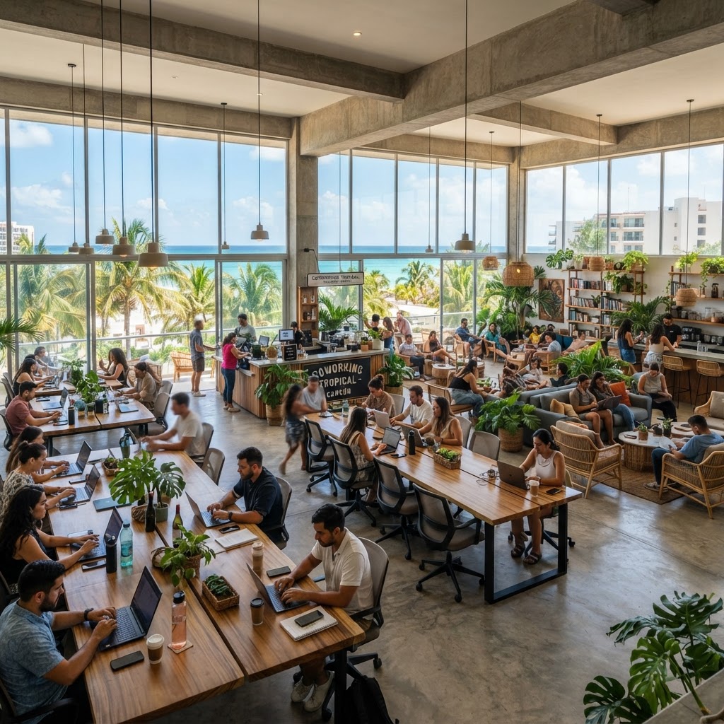 Coworking luminoso y activo con área lounge y grandes ventanas en Cancún