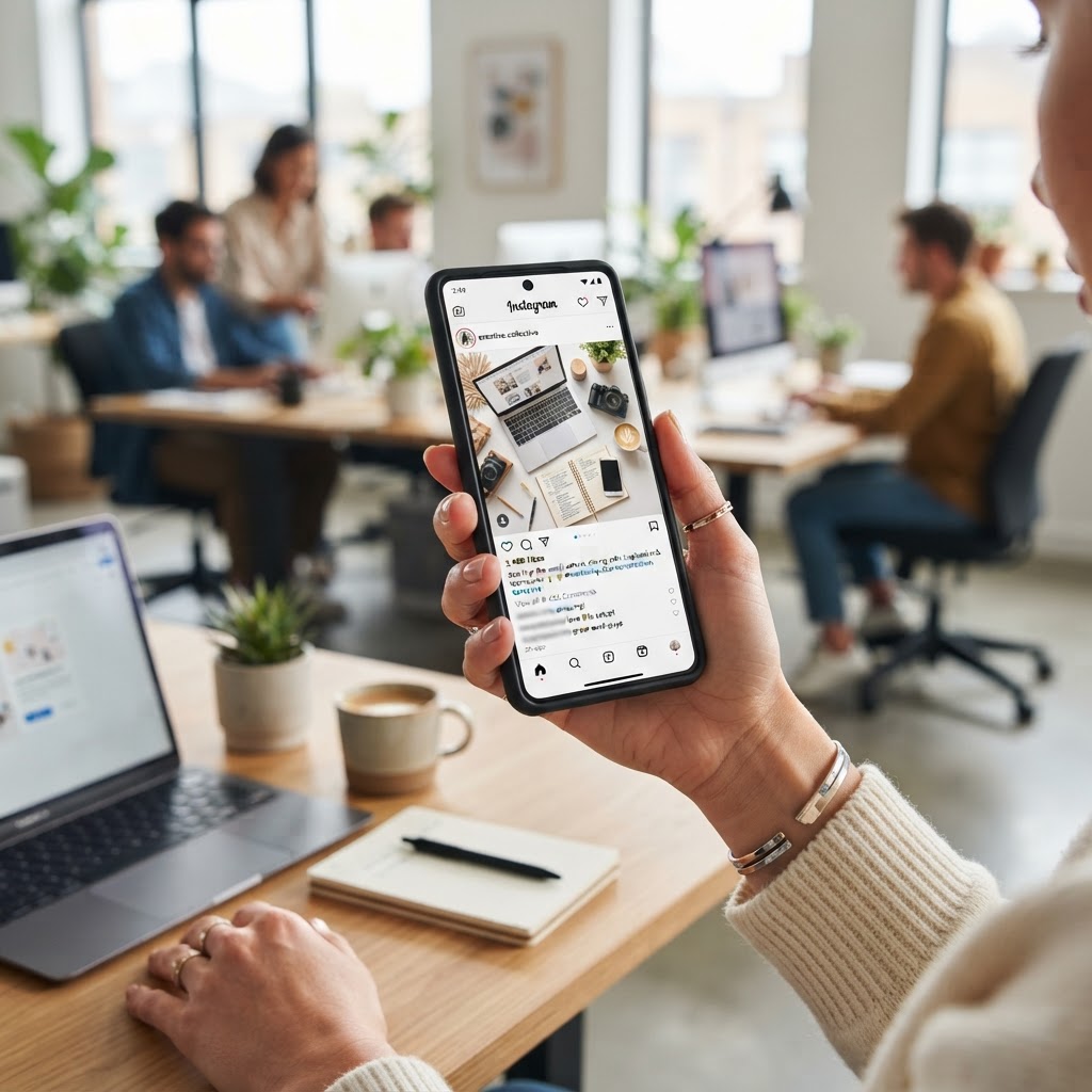 Teléfono mostrando publicación en redes sociales con likes y engagement
