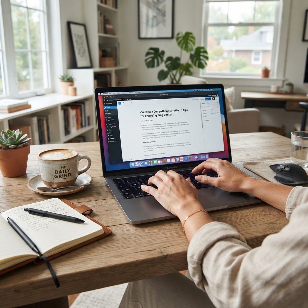 Manos escribiendo un artículo en laptop con café sobre el escritorio