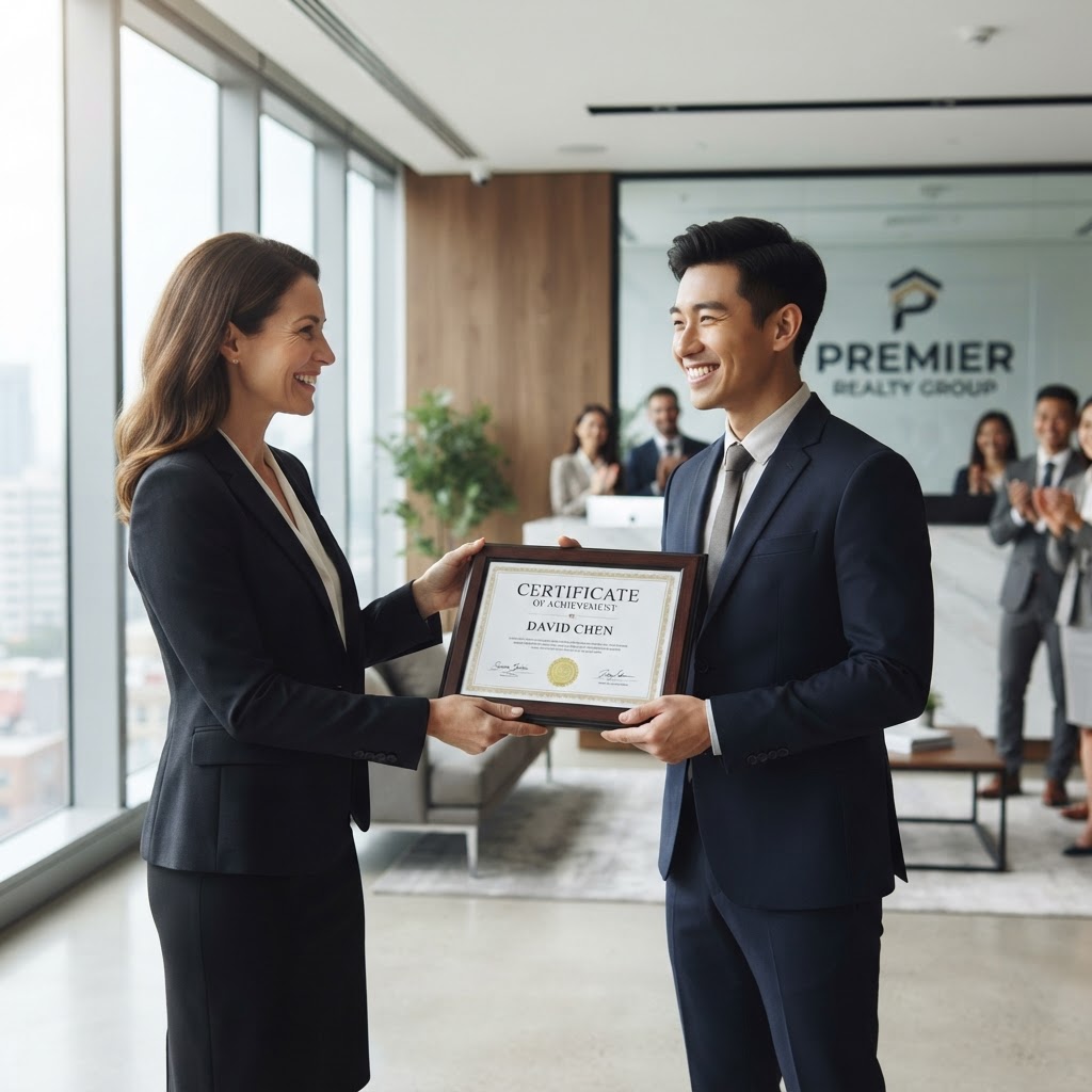 Profesional entregando diploma de certificación inmobiliaria a sonriente receptor