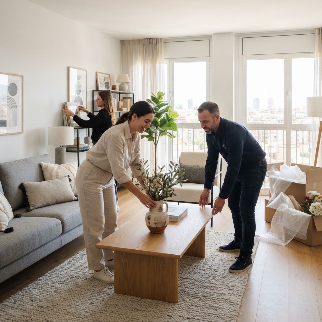 Equipo de home staging arreglando muebles en un departamento