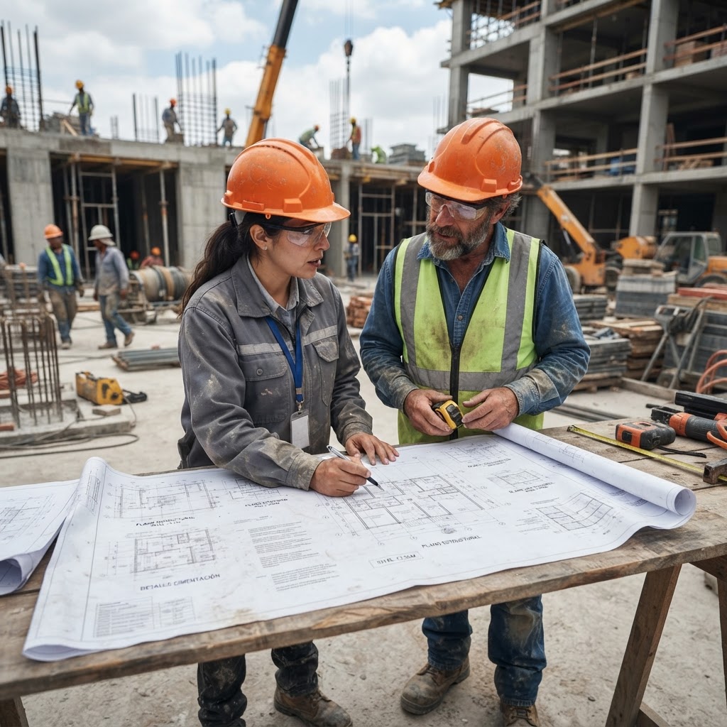 Ingeniero y constructor revisando planos en sitio